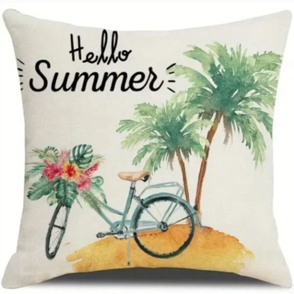 NEW LINEN BLEND "HELLO SUMMER" VINTAGE BICYCLE PALM TREES PILLOW COVER 17.7" - Picture 1 of 3